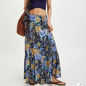 Free People Blue and Yellow Tiered Maxi Skirt Casual